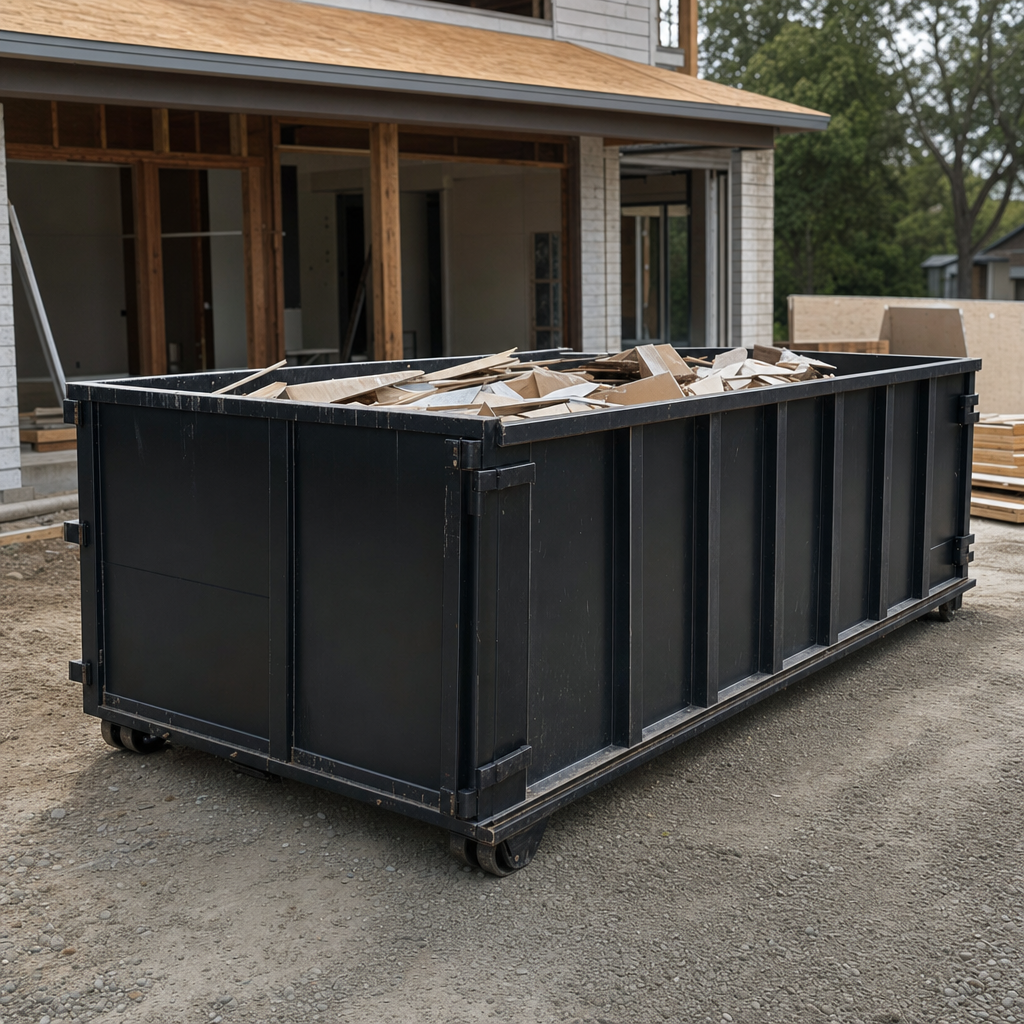 Large matte-black 30-yard construction roll-off dumpster at an active Danbury jobsite, steel-gray top rails and bottom rollers visible, loaded with construction debris.