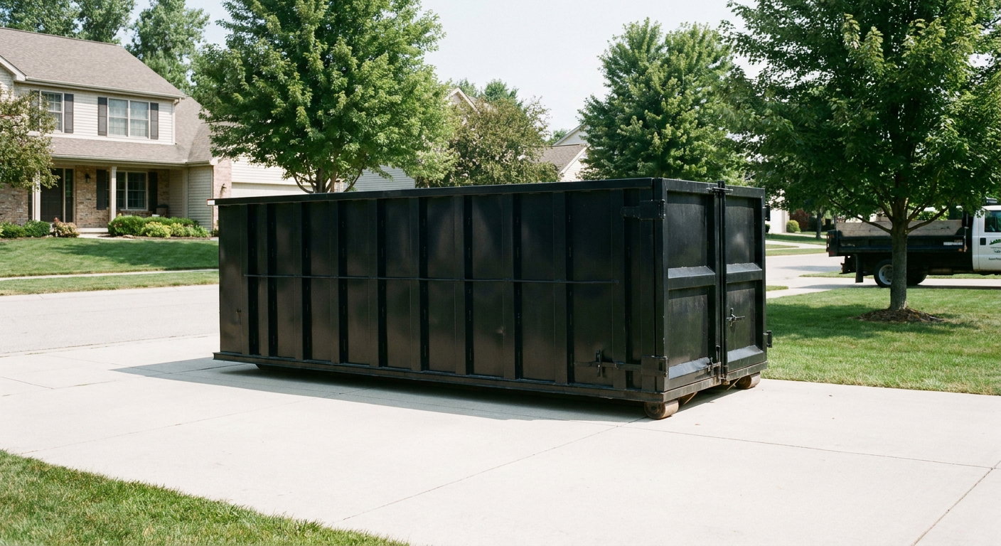 Matte-black 20-yard roll-off dumpster sitting level on a clean Danbury residential concrete driveway under bright daylight, demonstrating clean placement directly on the concrete.