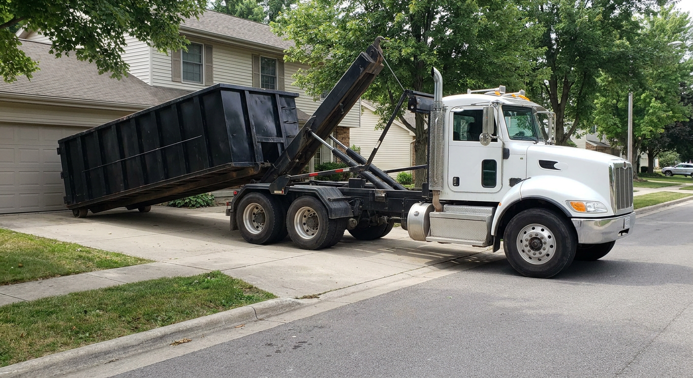 White-cab hooklift roll-off truck actively lowering a matte-black dumpster onto a Danbury residential concrete driveway, the dumpster's rear wheels touching the driveway as the hoist arm tilts the bed forward, mid-morning daylight.