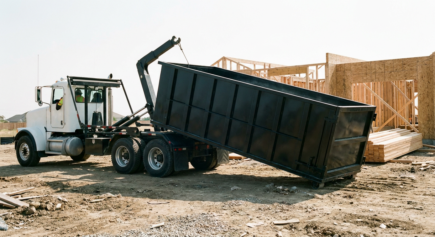 Matte-black roll-off dumpster being delivered onto a clean residential concrete driveway in Danbury by an unmarked white hooklift hauler truck, bright morning daylight, documentary 35mm perspective.